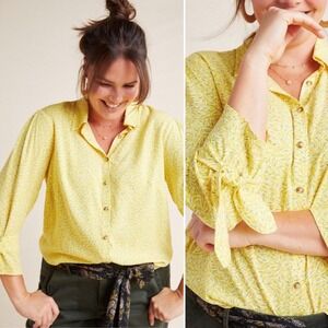Anthropologie Maeve Blithe Button Down Top‎ Blouse 14 Yellow Print Tie Cuff